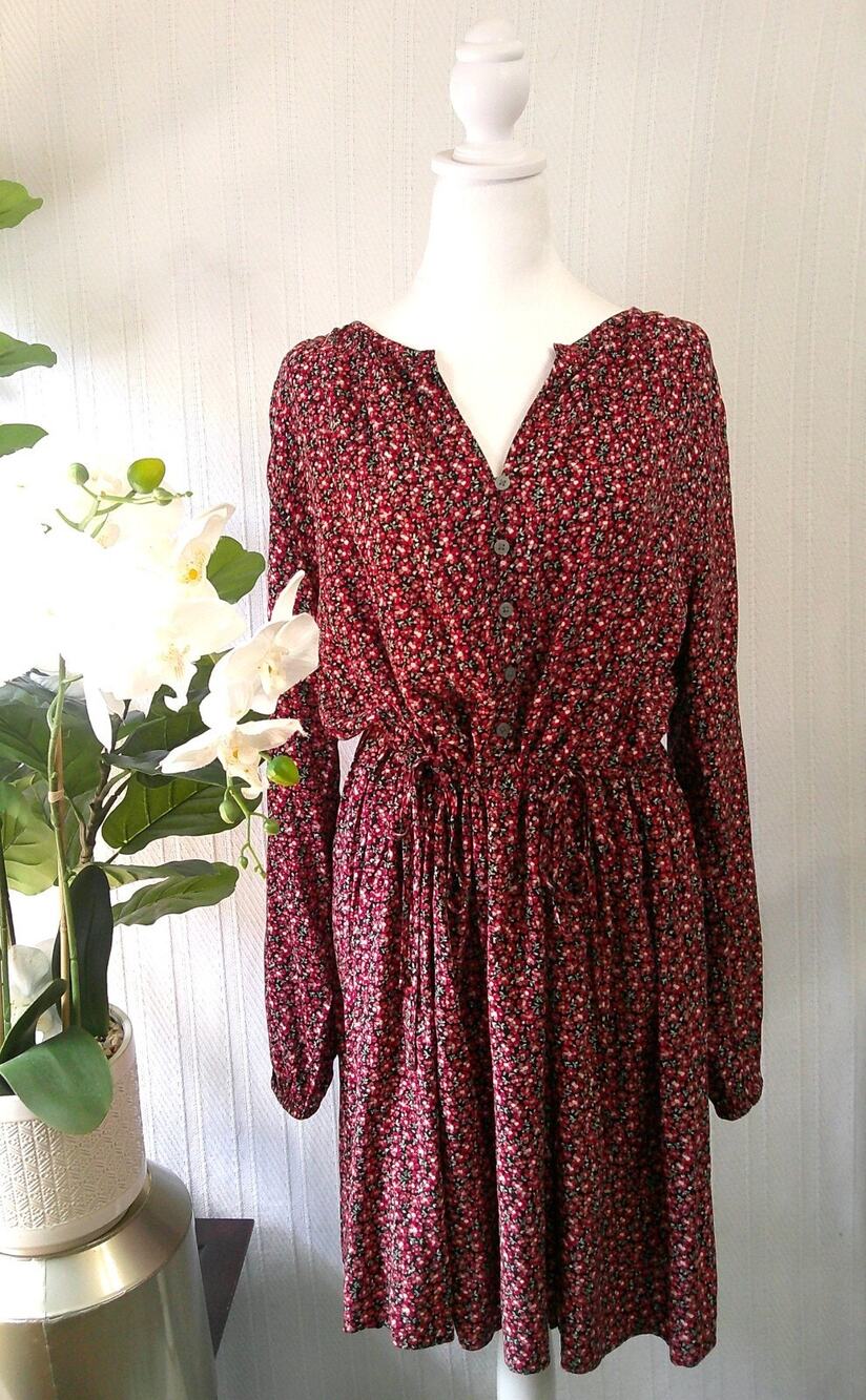 Loft Long Sleeve Side Tie Swing Dress Red Mini Floral Print-NWT Women's Large